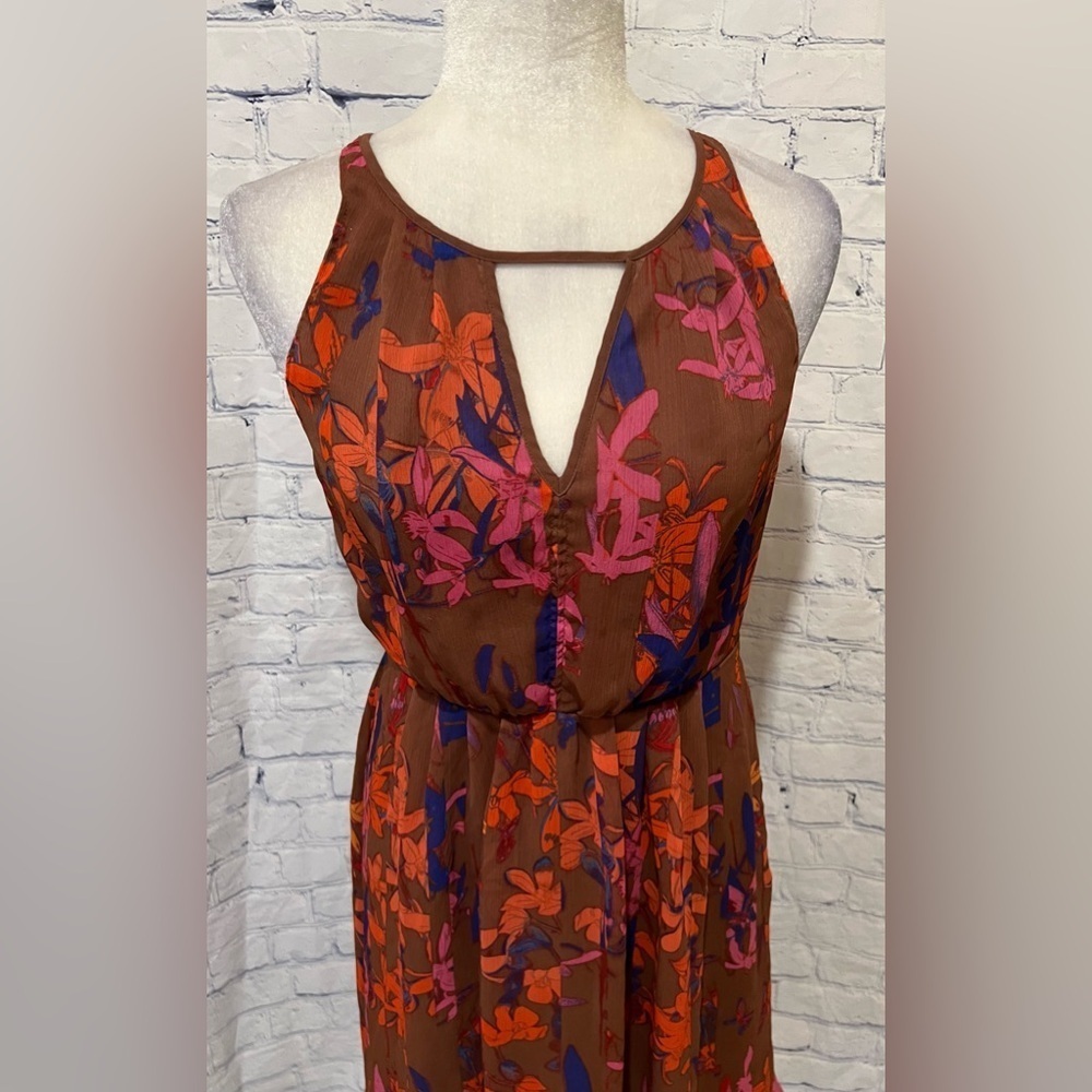 Hinge Brown Red Floral Red Flowy halter Dress Size XS